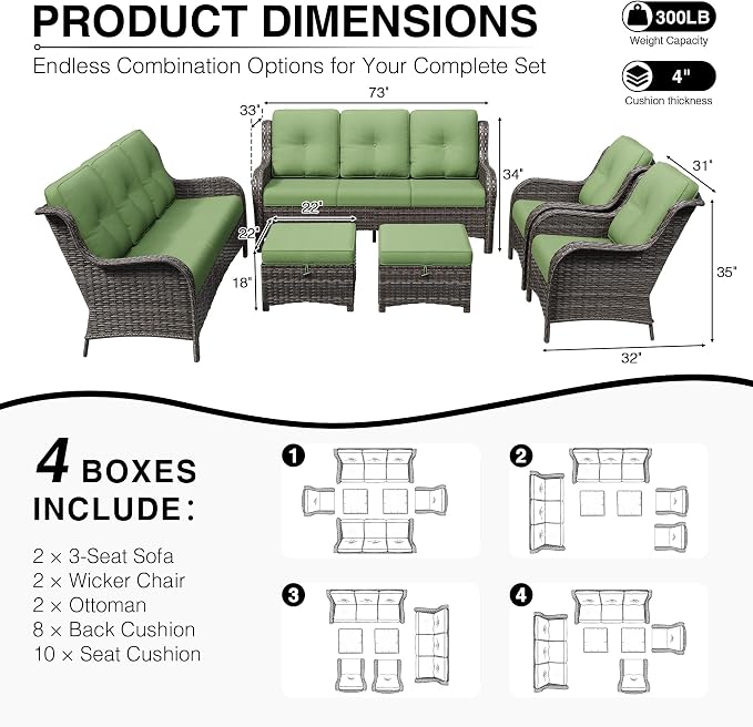 Joyside 6 Piece Wicker Patio Furniture Set, Rattan Patio Chairs with High Back, Deep Seating, Wide Armrest, Thickened Cushions, Outdoor Furniture for Deck, Porch Use