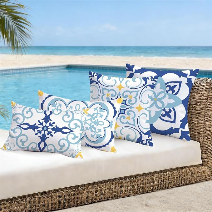 NIGHTWISH Outdoor Waterproof Pillow Covers 12x20 Set of 4 Blue Boho Decorative Outdoor Throw Pillows Floral Cushion Cases for Patio Furniture Bench Couch Sunbrella