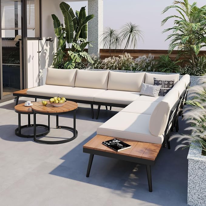 6-Piece Metal Outdoor Sectional Sofa Set with Round Nesting Coffee Tables, L-Shaped Patio Furniture Set Seating Sofa with Cushions for Patio, Porch and Garden, Beige