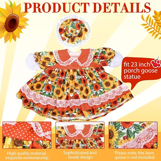 Soulchen 1 Set Fall Sunflower Porch Goose Outfit 23 Inch Cement Goose Clothes Dress and Hat Costume Set for Fall Summer Lawn Garden Yard Decor