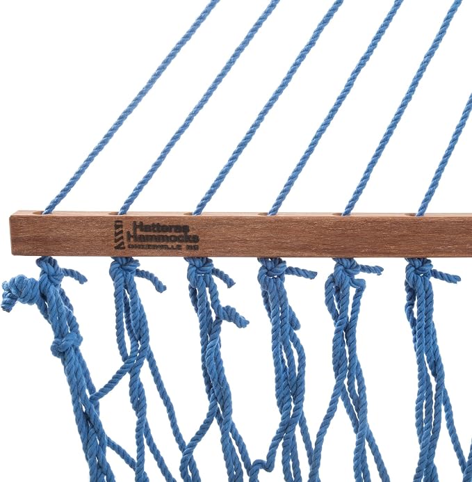 Hatteras Hammocks Small Coastal Blue DuraCord Rope Hammock – 11 ft. x 45 in., 450 lb Capacity, Cumaru Spreader Bar, Zinc-Plated Hardware, Handcrafted in The USA