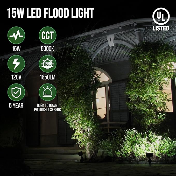 GKOLED 15W LED Flood Lights Outdoor, Dusk to Dawn Security Light, with Anti-Glare Guard, 120V 5000K 1650LM Waterproof Landscape Lighting, Di-cast Aluminum, 1/2" Knuckle Mount, 2 Pack, UL Listed