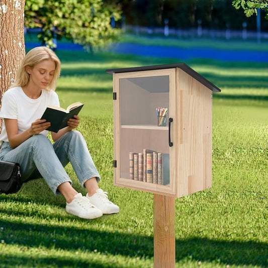 Outdoor Library Box, 15.7x11x22.4inch Wood Literature Exchange Box DIY Little Wood Cabinet with Waterproof Roof and Shelf for Outside Neighborhoods Community and Schools Sharing Books (Sloped Roof)