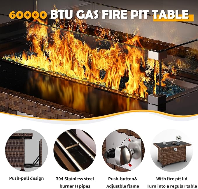 Amopatio Aluminum Patio Furniture Set with Fire Pit, 6 Pcs Metal Patio Sofa Sets with Glass Top Fire Pit Table, Modern Outdoor Furniture with 6" Cushion, Dark Grey (Included Waterproof Covers)