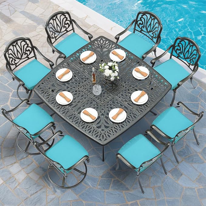 MEETWARM 9-Piece Outdoor Patio Dining Set for 8, All Weather Cast Aluminum Patio Funiture Table and Chairs Set- Large 64" Square Table, 4 Swivel Rocker Chairs, 4 Stationary, Umbrella Hole, Ocean Blue