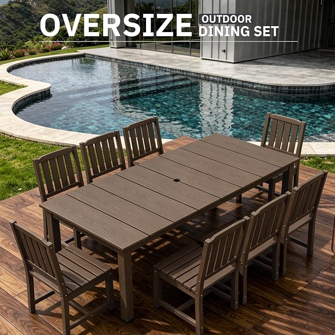 AreShark 9-Piece Outdoor Dining Set,HDPE Patio Table with 8 Armless Chairs,All-Weather Patio Furniture Set with Umbrella Hole,Low Maintenance Wood Grain Dining Set for Backyard,Garden,Poolside,Black