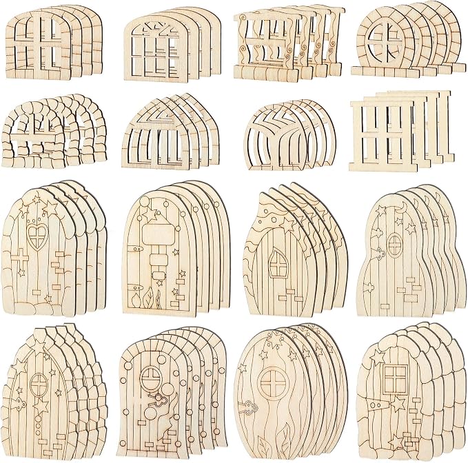 Yulejo 64 Pcs Mini Wooden Fairy Doors and Windows, Fairy House DIY Kit | Unpainted Wood Blanks for Garden Decor, Fairy House Accessories, Party Wedding Craft Projects