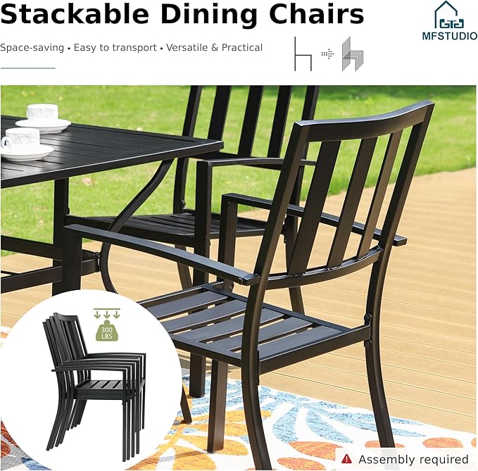 MFSTUDIO Outdoor Dining Set for 4, Round Patio Table and Chairs Set with Umbrella Hole, Metal Patio Furniture Set for Deck, Backyard, Poolside & Garden