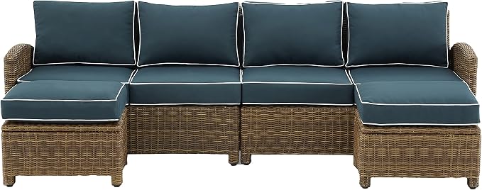 Crosley Furniture Bradenton 4-Piece Outdoor Sectional Sofa Wicker Conversation Patio Furniture Set for Deck, Brown with Navy Cushions