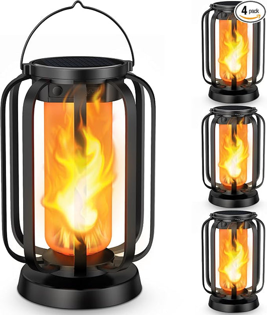 Hompavo Gen2 Solar Lanterns Outdoor Lights with Ultra-Real Flame | USB/Solar Charging & 4-Mode, Waterproof Decorative Hanging/Table Light for Pathway Yard Patio Garden Decor Gifts for Women, 4