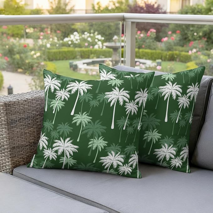 Throw Pillow Covers 20x20 Inch Set of 2, Tropical Palm Tree Waterproof Outdoor Pillow Covers, Green White Plants Coastal Leaf Beach Decorative Cushion Pillowcases for Couch, Sofa, Bed, Garden, Patio