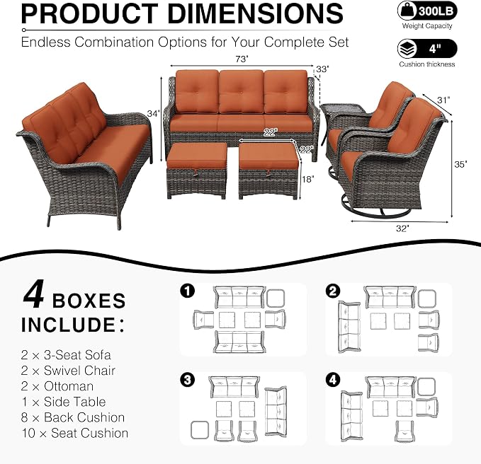 Joyside 7 Piece Wicker Patio Furniture Set, Outdoor Swivel Rocker Patio Chairs with High Back, Deep Seating, Wide Armrest, Thickened Cushions, Outdoor Furniture for Deck, Porch Use