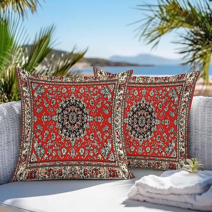 Vandarllin Outdoor Throw Pillows Covers 16x16 inch Set of 2 Waterproof Red Bohemian Decorative Zippered Cushion Covers for Patio Furniture, Boho Tribe Texture Lumbar Pillowcases