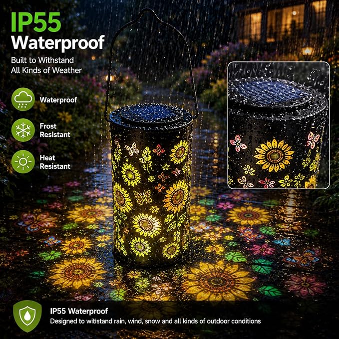 Colorful Sunflower Glow Solar Lantern, IP55 Waterproof Solar Garden Lantern with Multicolor Sunflower Projection, Outdoor Decorative Light for Patio, Yard and Garden