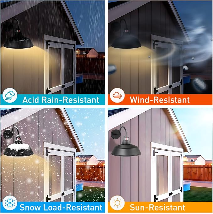 14.5" Dome Gooseneck Barn Light, Outdoor Anti-Rust&Waterproof Farmhouse Wall Sconce, Outdoor Wall Lanterns for Porch/Patio, E26 Base 100W Max(Black 1-Pack Motion Sensor Outdoor Lights)