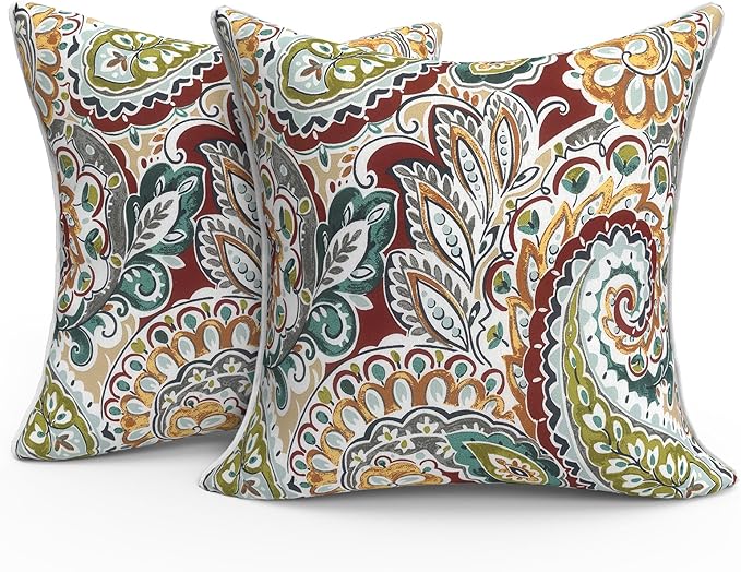 Outdoor Throw Pillow Covers Pack of 2, Decorative Water Repellent Square Pillow Cases with Piping 18x18 Inch, Paisley Chilli