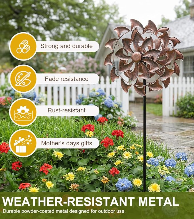 Wind Spinners Outdoor Garden Decor - W13xH63 Copper Metal Yard Art Wind Sculptures & Spinners, Vintage Kinetic Windmill for Yard Patio Lawn Decor, Retro Gardening Gifts for Women