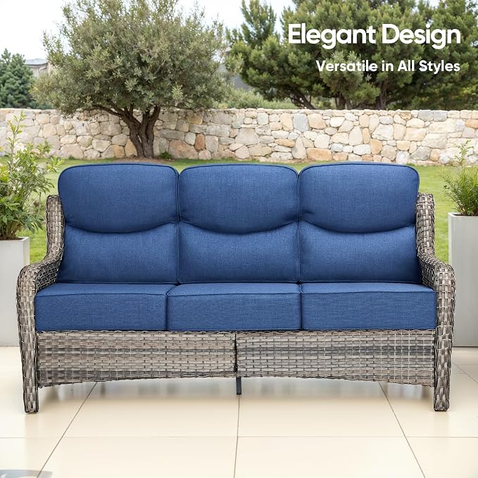 Swivel Patio Chairs Sofa Set of 6-6" Thick Cushion - Wicker Outdoor Swivel Rocker Patio Chair,Sofa/Side Table, High Back Comfortable Outdoor Glider Chairs - Grey Wicker | Blue Cushions
