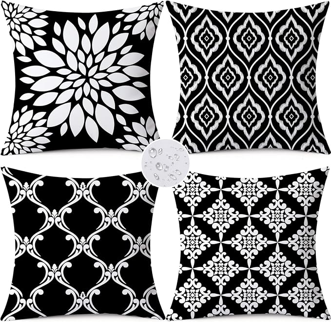 Outdoor Waterproof Throw Pillow Covers 16x16 Set of 4 Black and White Aesthetic Boho Decorative Cushion Cases for Patio Furniture Garden Porch Bench Couch Sunbrella