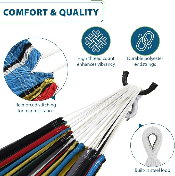 Vivere Double Cotton Hammock with Space Saving Steel Stand, Upgraded Polyester End Strings 450 lb Capacity - Premium Carry Bag Included - USA Grown Cotton (Rio Night)