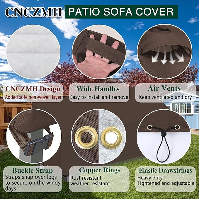 Heavy Duty Patio Sofa Covers Waterproof, Outdoor 3-Seater Couch Cover Waterproof, 600D Outdoor 2-Seater Loveseat Furniture Covers with Air Vent Handle 78''W x 42''D x 24''H/ 35''H Brown