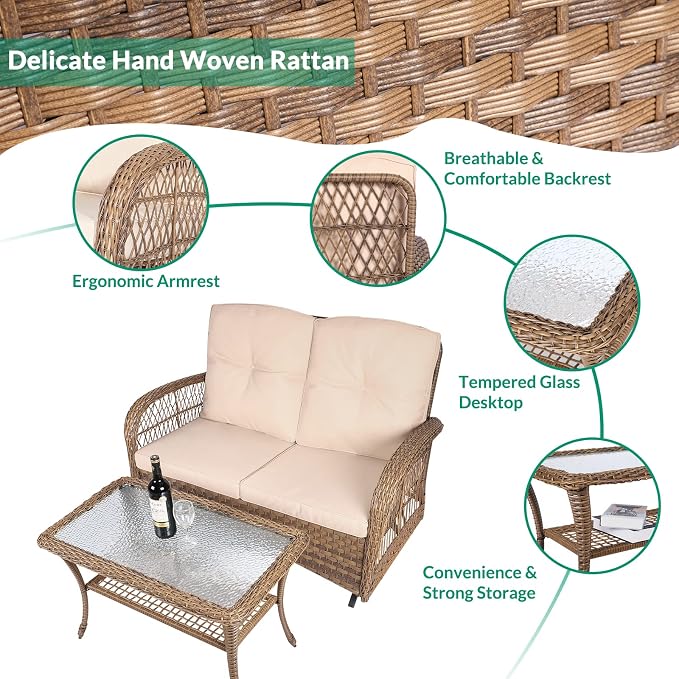 VIVIJASON 2-Piece Patio Wicker Loveseat Glider Set Cushioned, Outdoor Conversation Furniture Sets with 2-Seater Glider Rocking Bench, Coffee Table and Cushions for Porch Garden Poolside, Light Brown
