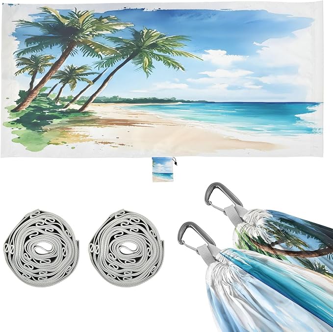 Beach Palm Trees Camping Hammock, Portable Lightweight Single Hammock with Tree Straps and Aluminum Carabiners, 114" x 54" Travel Hammock for Hiking Backpacking Beach