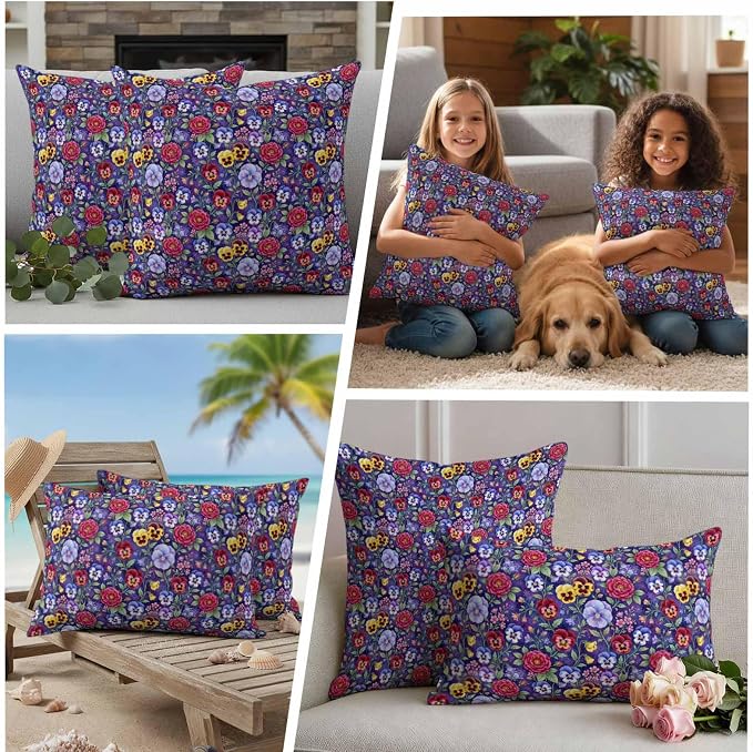 Pansies Roses Outdoor Pillow Covers 16"x16" Set of 2, Garden Flowers Floral Botanical Purple Waterproof Throw Pillow Covers for Patio Furniture, Decorative Cushion Covers for Porch