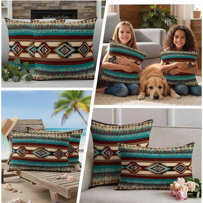 Boho Ethic Outdoor Pillow Covers 18"x18" Set of 2, Western Aztec Tribal Teal Brown Diamond Stripes Waterproof Throw Pillow Covers for Patio Furniture, Decorative Cushion Covers for Porch