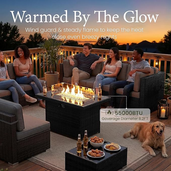 LayinSun 15 Piece Patio Furniture Set with Fire Pit Table, Outdoor Conversation Sets Wicker Rattan Sectional Sofa with Coffee Table