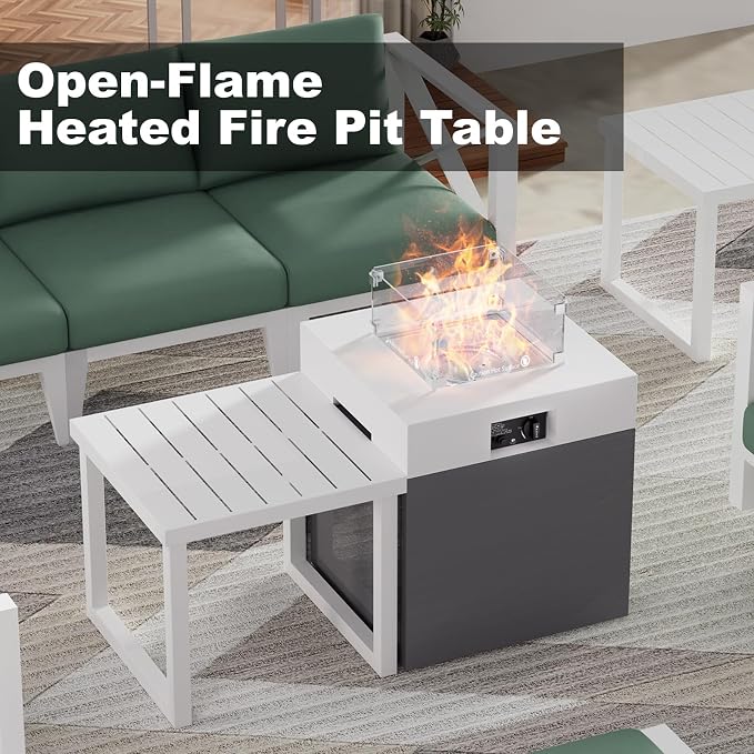 5-Seat Aluminum Patio Conversation Set with Corner Sofa & 37,000 BTU Fire Pit Table, All-Weather Outdoor Sectional Furniture with Glass Wind Guard – White for Balcony, Backyard, Garden