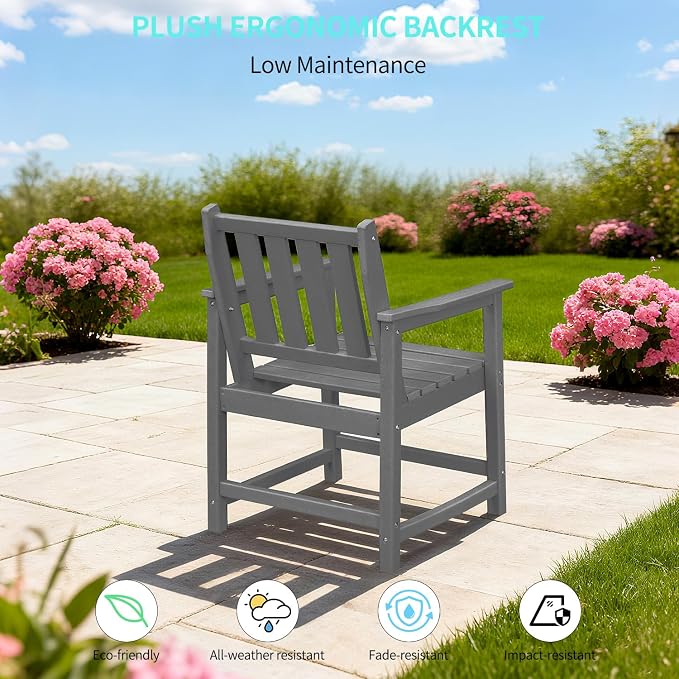 Outdoor Patio Dining Chair Set of 2, All-Weather HDPE Patio Chairs with Backrest and Armrest, 300 lbs Support Outdoor Furniture Chairs for Backyard, Garden, Deck, Grey