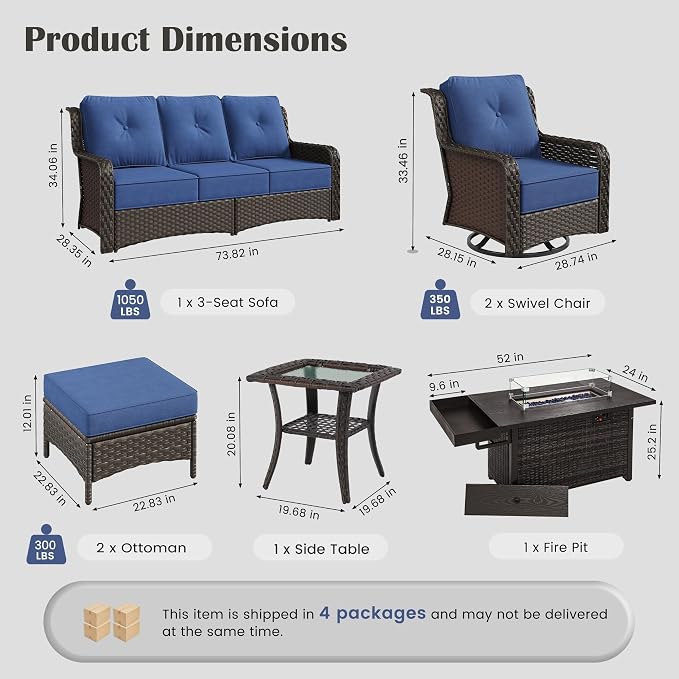 Sundale Outdoor Wicker Patio Furniture Set with Fire Pit, 7 Piece Outdoor Furniture Set with Swivel Chairs, Couch & Ottoman, High Back Patio Conversation Sets with 6" Cushions for Yard, Deck (Blue)