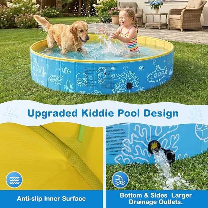 Foldable Kiddie Pool with Canopy, 47IN Portable Hard Plastic Kids Baby Swimming Pool, Sunshade & Non-Slip Beach Tent for Kids Ages 2-6, Outdoor Backyard Graden Water Play