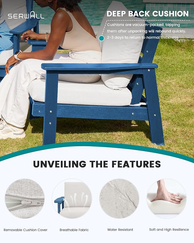 SERWALL HDPE Outdoor Furniture Set, 7 Piece All Weather Wood-Like Outdoor Sofa Sectional Couch, Blue Patio Furniture Set with Khaki Cushions