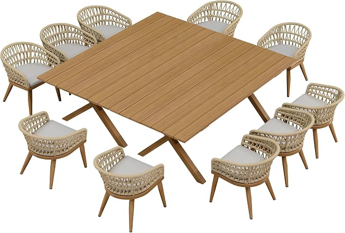 PURPLE LEAF 12 Pieces Outdoor Dining Set All-Weather PE Rattan Outdoor Patio Furniture Set with All Aluminum Frame Rectangular Table and Chairs Set for Lawn Garden Backyard Deck, Teak
