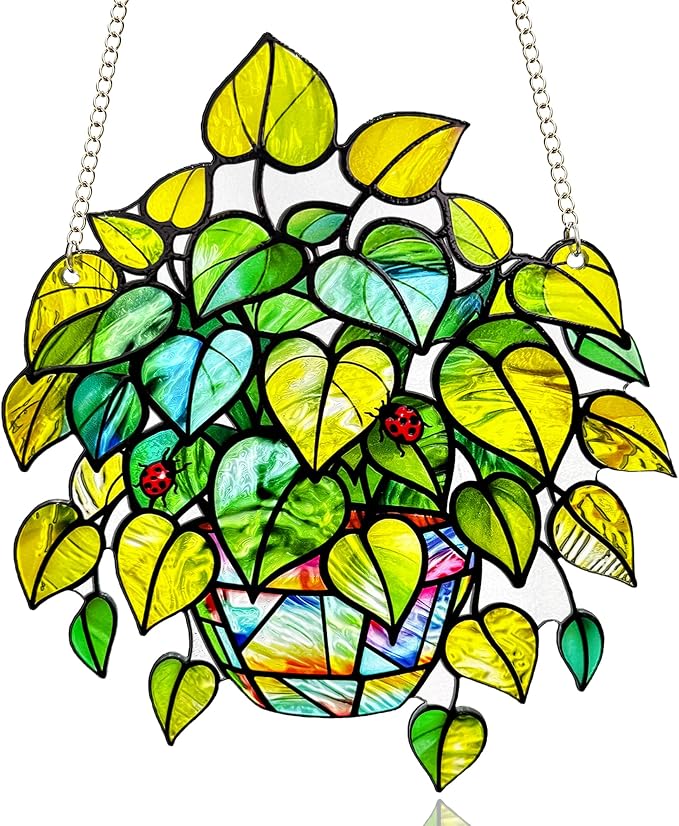 Plant Suncatcher Glass, Stained Glass Suncatcher Plant Window Hanging, Unique Nature Lover Gifts Leaf