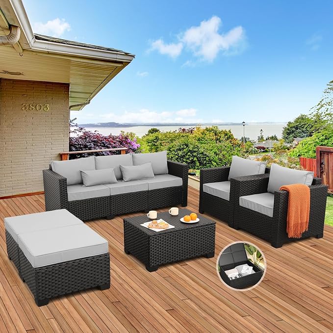 Rattaner Patio Wicker Furniture Set 6 Pieces Outdoor HDPE Wicker Conversation Couch Sectional Chair Sofa Set with Grey Cushions