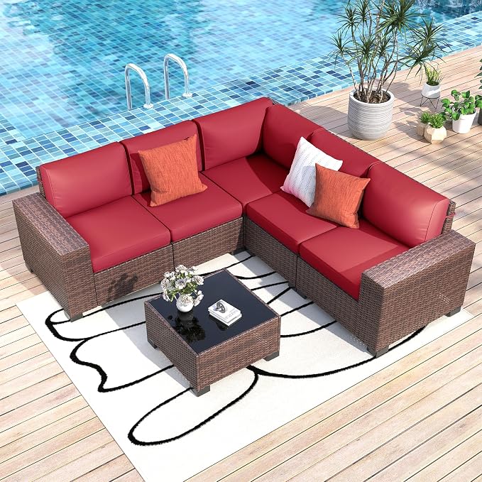 Outdoor Patio Furniture Set, 8'' Wide armrest Outdoor Sectional Rattan Sofa Set, Wicker Patio Furniture Sets w/Coffee Table,Thick Cushions and Cover for Porch, Balcony,Deck 6 PCS(Brown&Wine)