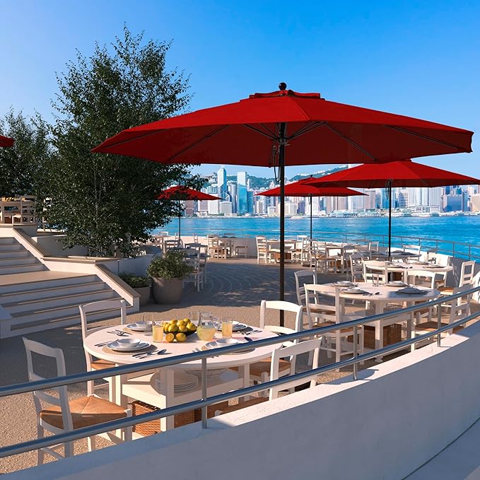 California Umbrella 11Ft Commercial Grade Market Umbrella, Pulley Lift, Aluminum/Fiberglass, 2mm pole wall, Bronze Frame, Solution Dyed Red Fabric