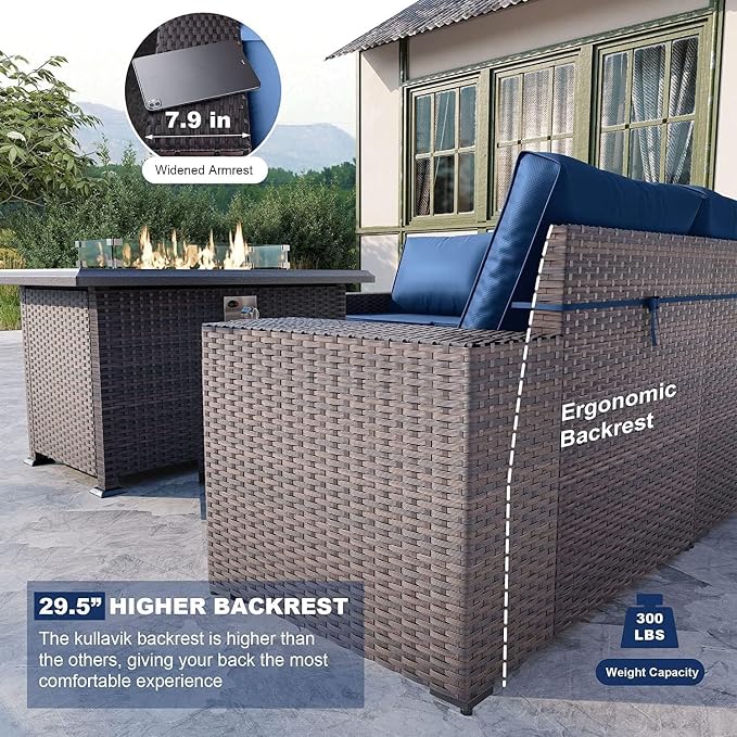 Kullavik 7 Pieces Outdoor Patio Furniture Set with 43" 55000BTU Gas Propane Fire Pit Table PE Wicker Rattan Sectional Sofa Patio Conversation Sets,Navy Blue