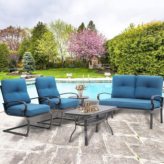 Skiway Outdoor Metal Funiture Set 5Pcs Patio Conversation Set Loveseat, 2 Spring Chairs with Coffee Table and Peacock Blue Cushions, Wrought Iron Look