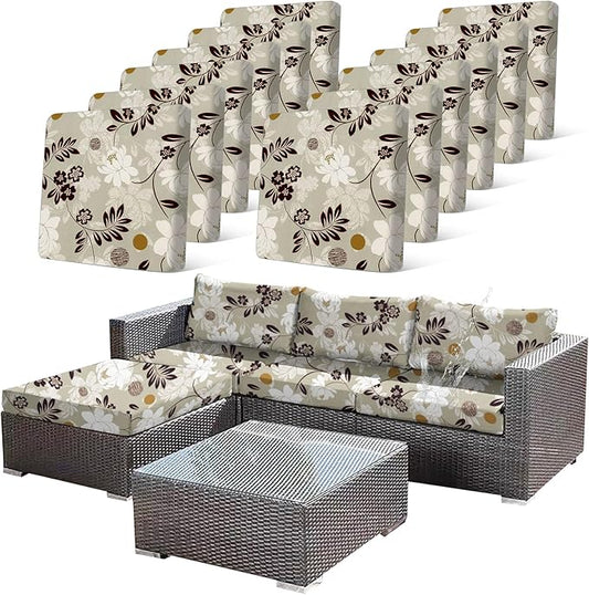 CALBODE 12 Pcs Waterproof Patio Cushion Covers, Floral Printed Stretch Outdoor Sofa Cover for Patio Furniture, Washable Chair Covers Reusable Furniture Protector (Brown,Cushions Not Included)