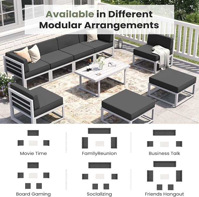 7 Piece Aluminum Patio Furniture Set with Waterproof Cover & 5" Thick Cushions, Aluminum Outdoor Sectional Conversation Set with Coffee Table Ottoman for Porch, Backyard(Light Grey/Grey)