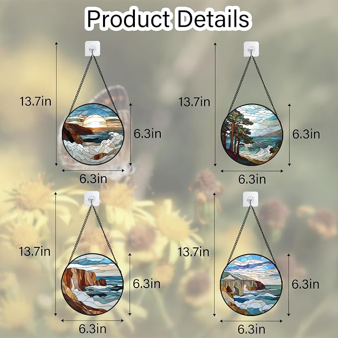 DASTOLL Stained Glass Window Hanging 4 Pcs Set Ocean Waves 6.3" - Blue and White Sea Suncatcher Door Garden Sun Catcher Decor Birthday Christmas for Mom Woman Nana Men