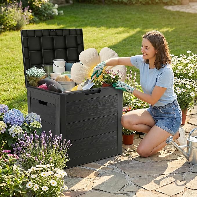 35 Gallon Outdoor Storage Box, Deck Boxes Outdoor Waterproof, Package Delivery Boxes For Outside, Patio Storage Box For Garden, Doorstep, Camping (Black, 35, Gallons)