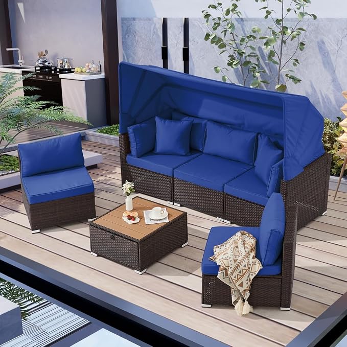 6 Piece Outdoor Patio Furniture Set with Sectional Sofa and Retractable Canopy, Adjustable Backrest Patio Conversation Sets for Backyard, Deck, Garden Lounge Seating