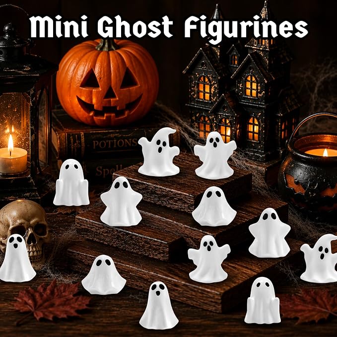 48 Pcs Halloween Mini Resin Ghosts Tiny Little White Ghost Figures Miniature Figurines for Halloween Party Tabletop Micro Landscape Decor