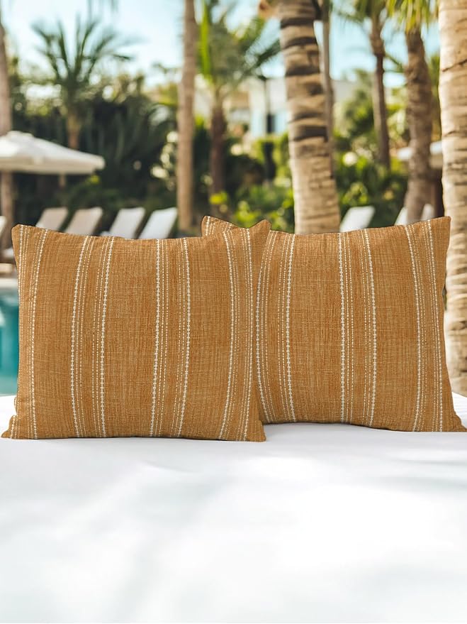 Waterproof Outdoor Pillow Set of 2 Orange Linen Stripes Decorative Throw Pillows Cover & Insert 18x18 Inch Pillowcase Parallel Vertical Lines Pillows for Couch Sofa Bed Patio Furniture Indoor Outdoor
