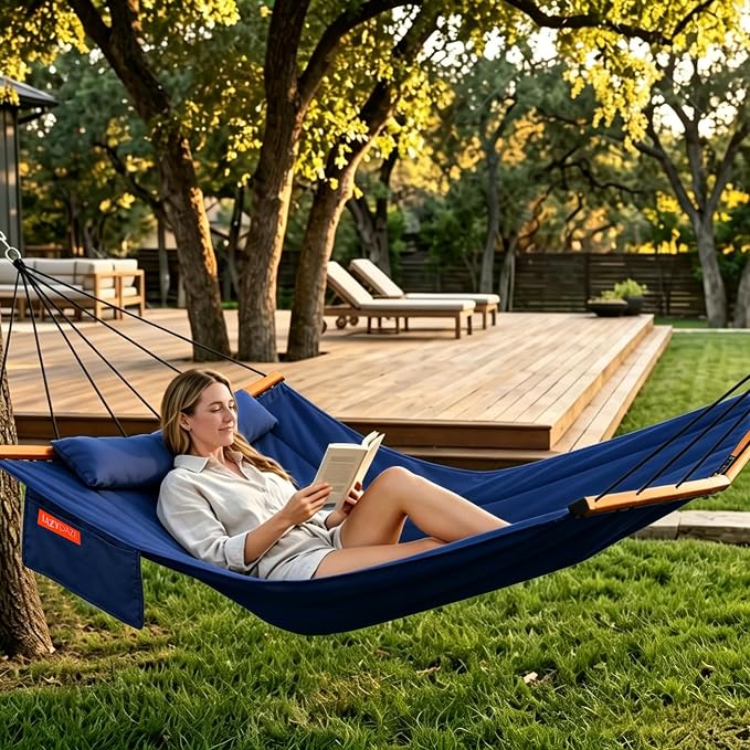 Lazy Daze Hammocks 12FT Quilted Double Hammock with V-Spreader Bar, 2 Person Portable Hammock with Nylon Rope, Side Pocket and Pillow, 450lbs Capacity, Includes Carry Bag for Outside, Navy Blue